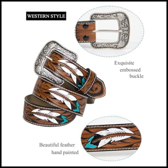 Western Belt with Feather Detail Antique Buckle Unisex Cowgirl Cowboy Rodeo main image 6